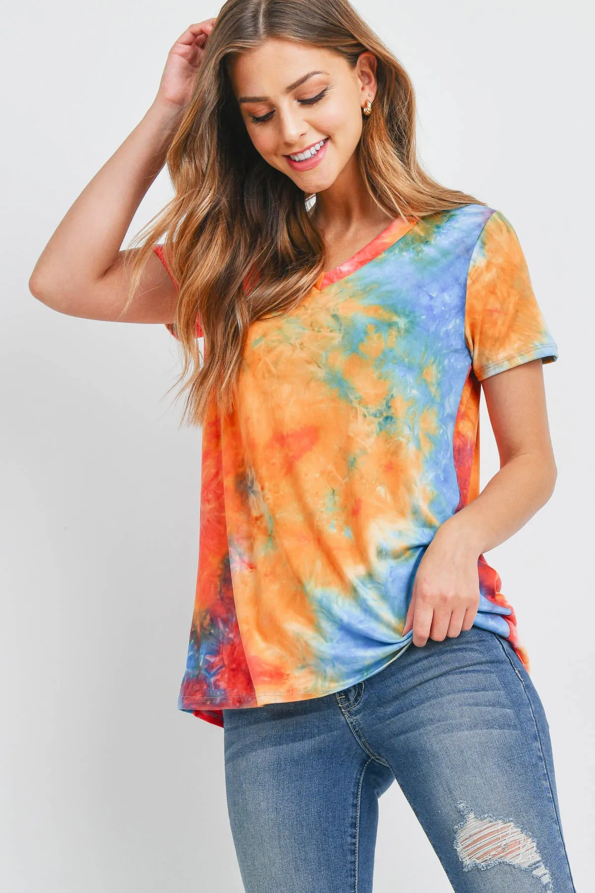 V-Neck Short Sleeve Tie Dye Top