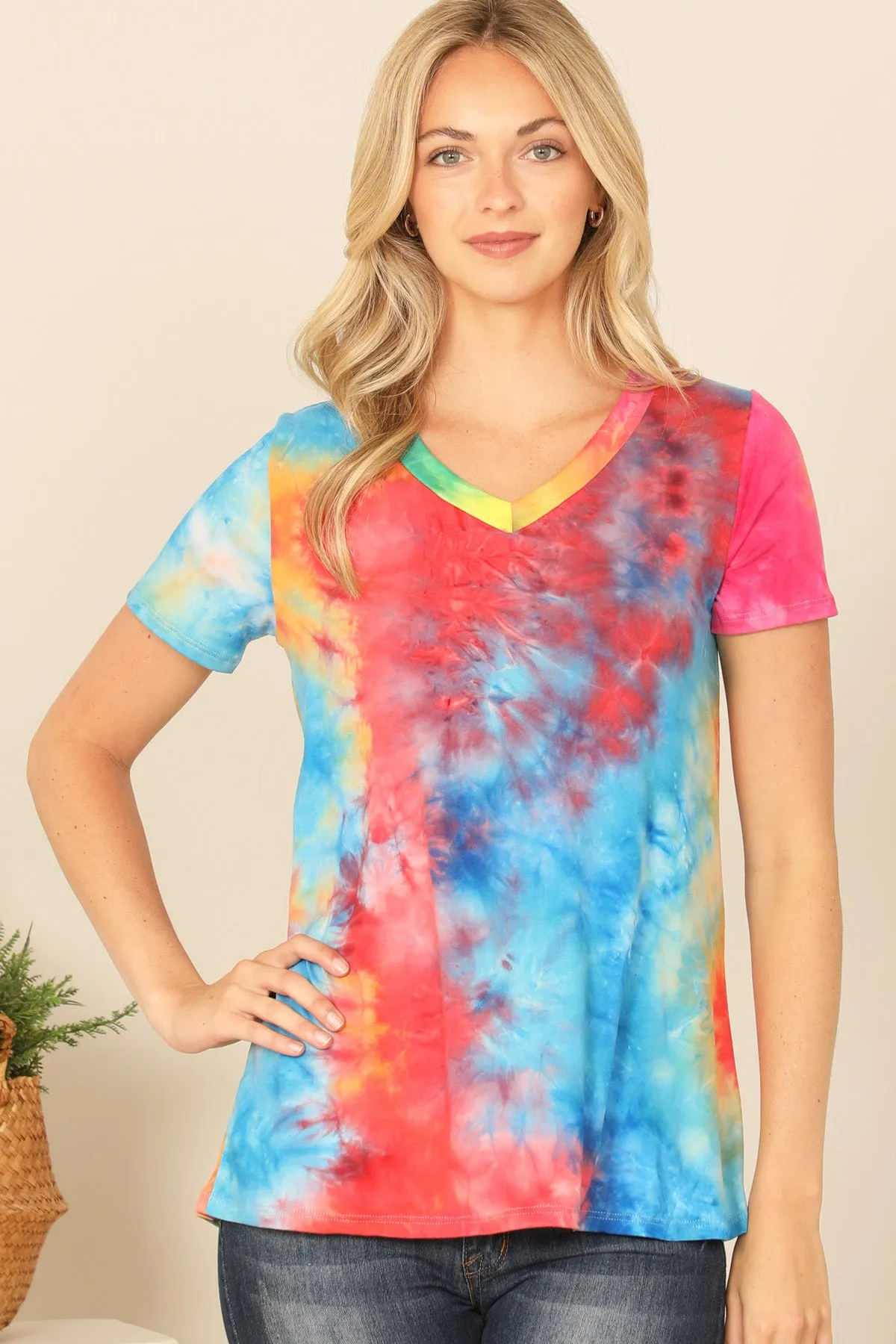 V-Neck Short Sleeve Tie Dye Top