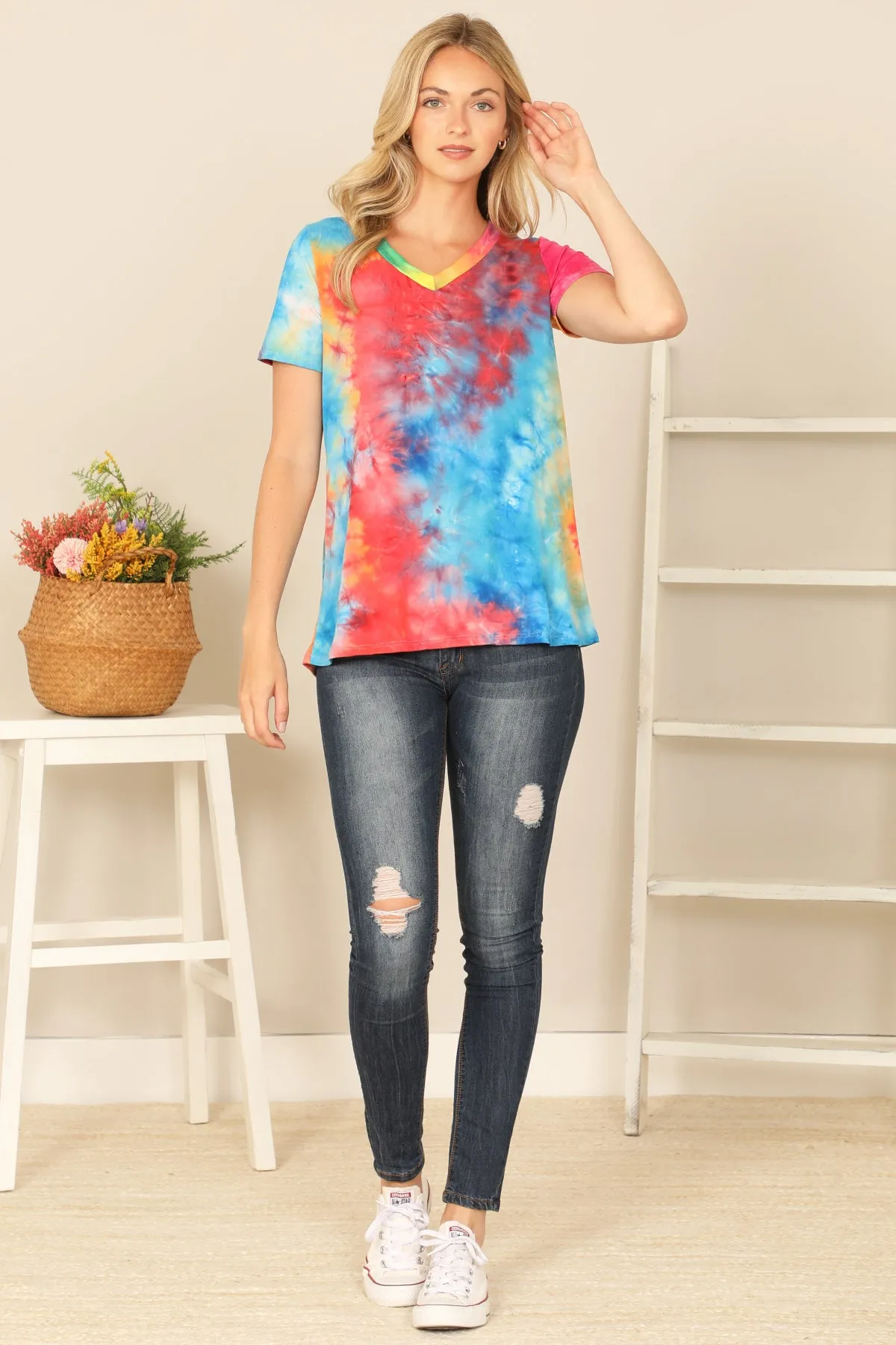 V-Neck Short Sleeve Tie Dye Top