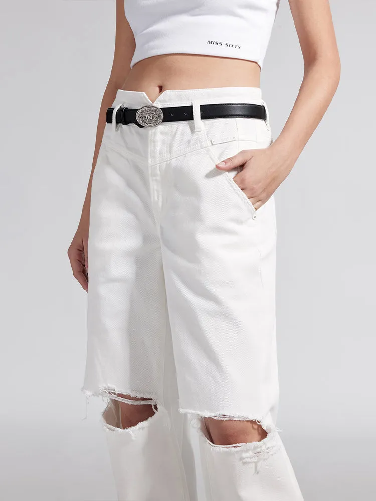 V-Shape Waist Ripped White Jeans