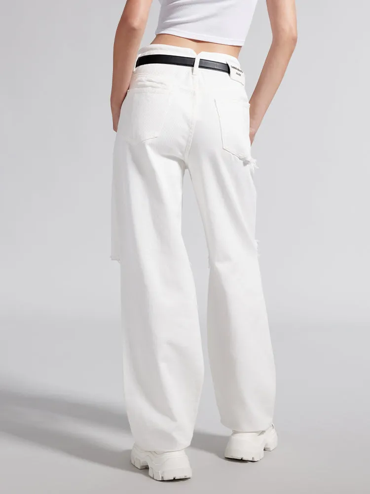 V-Shape Waist Ripped White Jeans