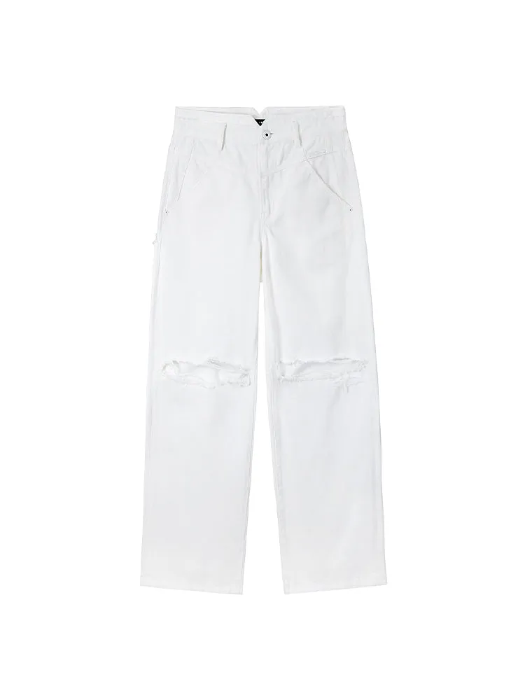 V-Shape Waist Ripped White Jeans