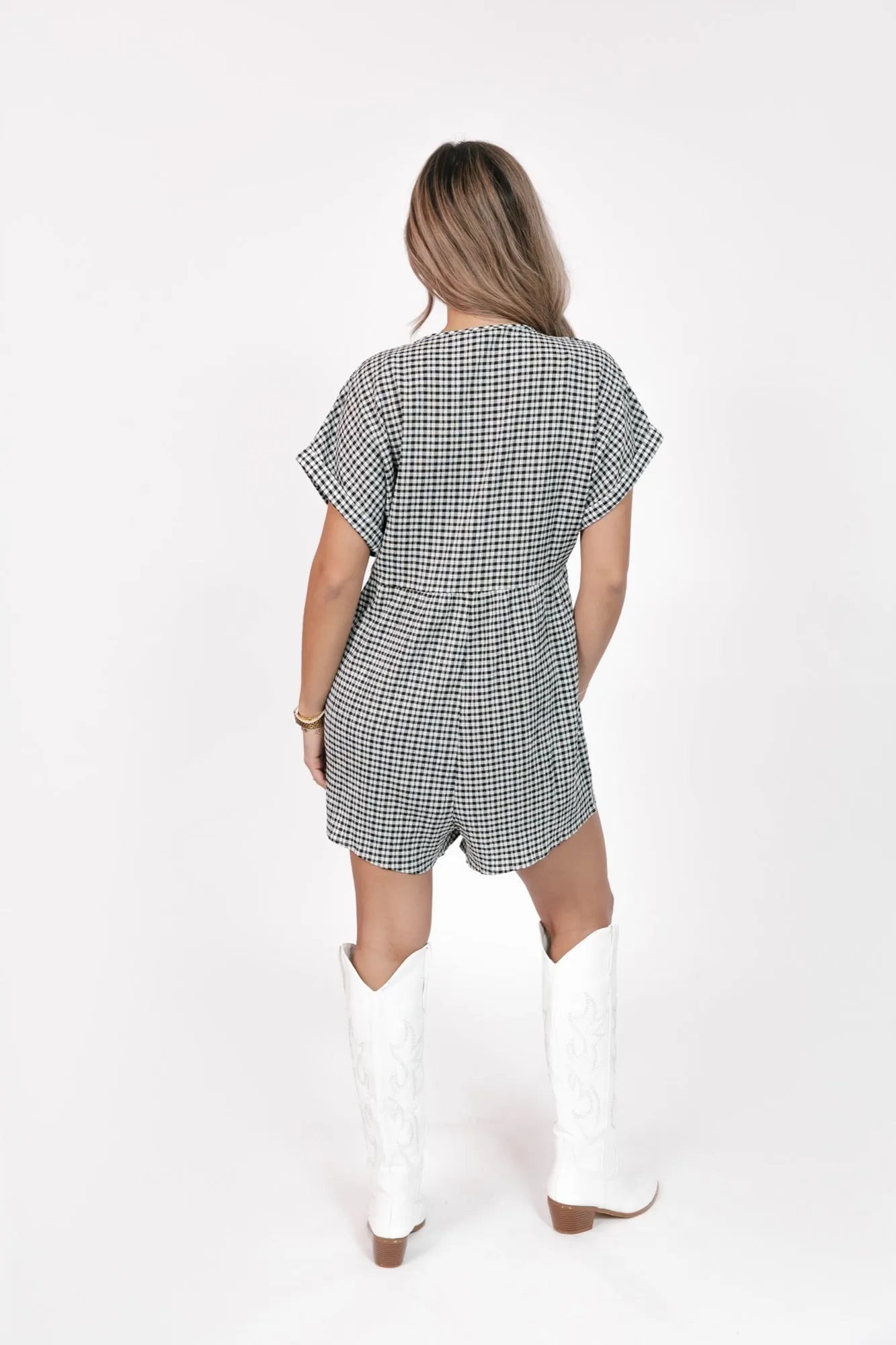 Valentina Shorty Romper in Black/White Gingham