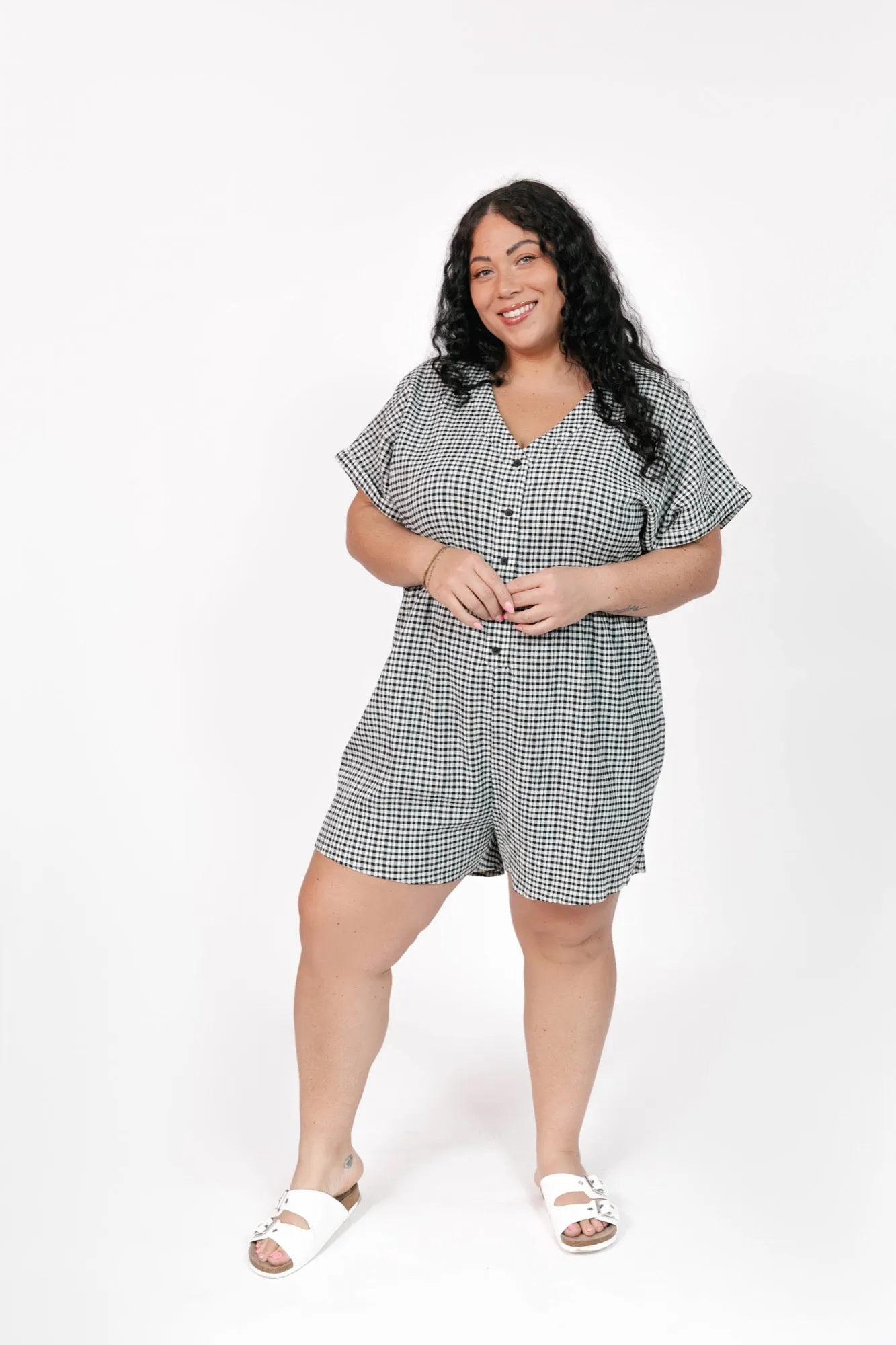Valentina Shorty Romper in Black/White Gingham