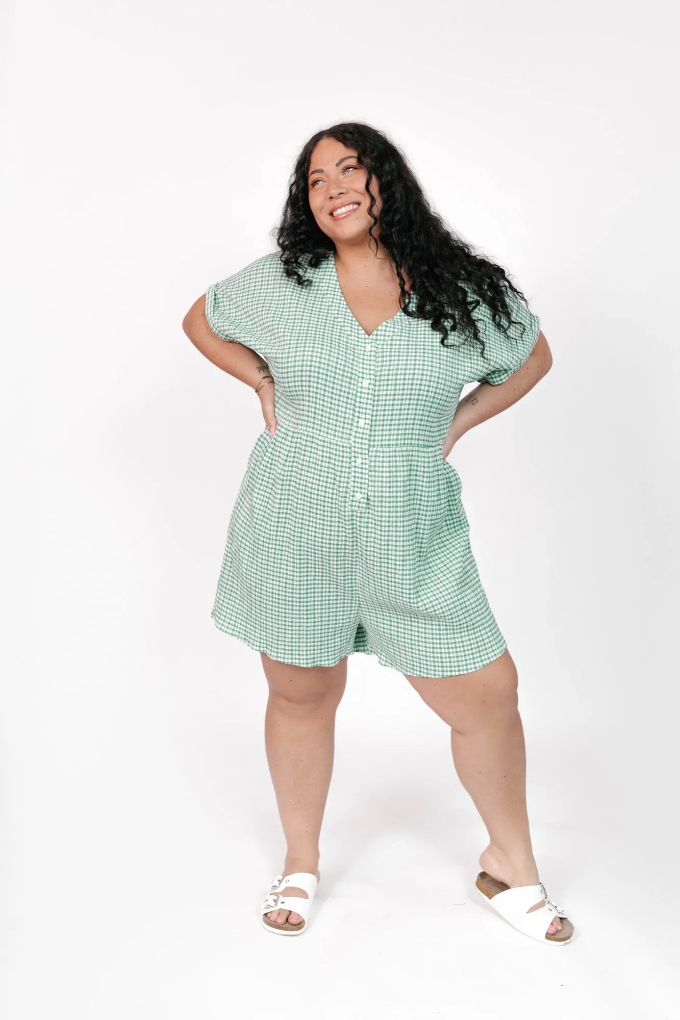 Valentina Shorty Romper in Green/White Gingham