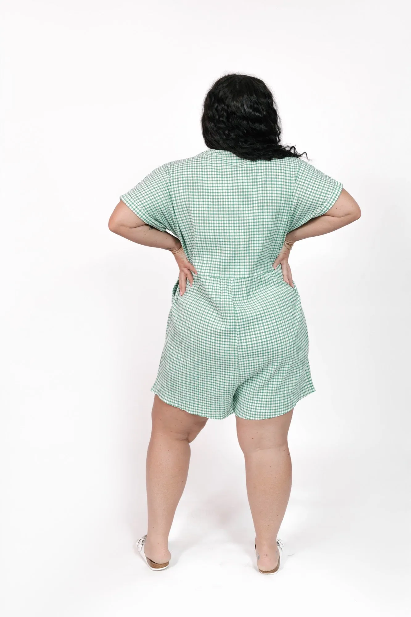 Valentina Shorty Romper in Green/White Gingham