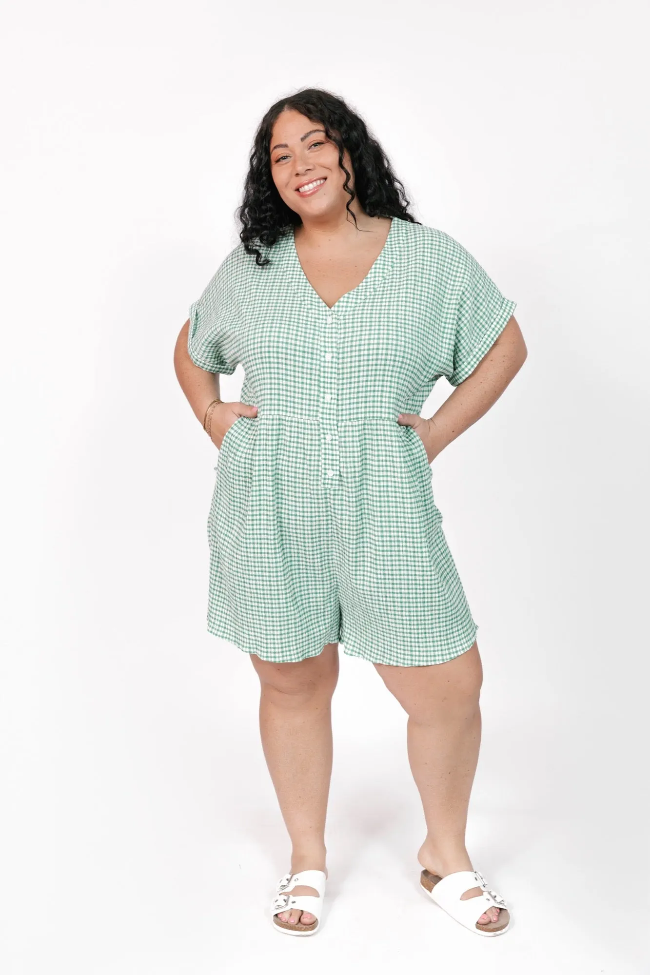 Valentina Shorty Romper in Green/White Gingham