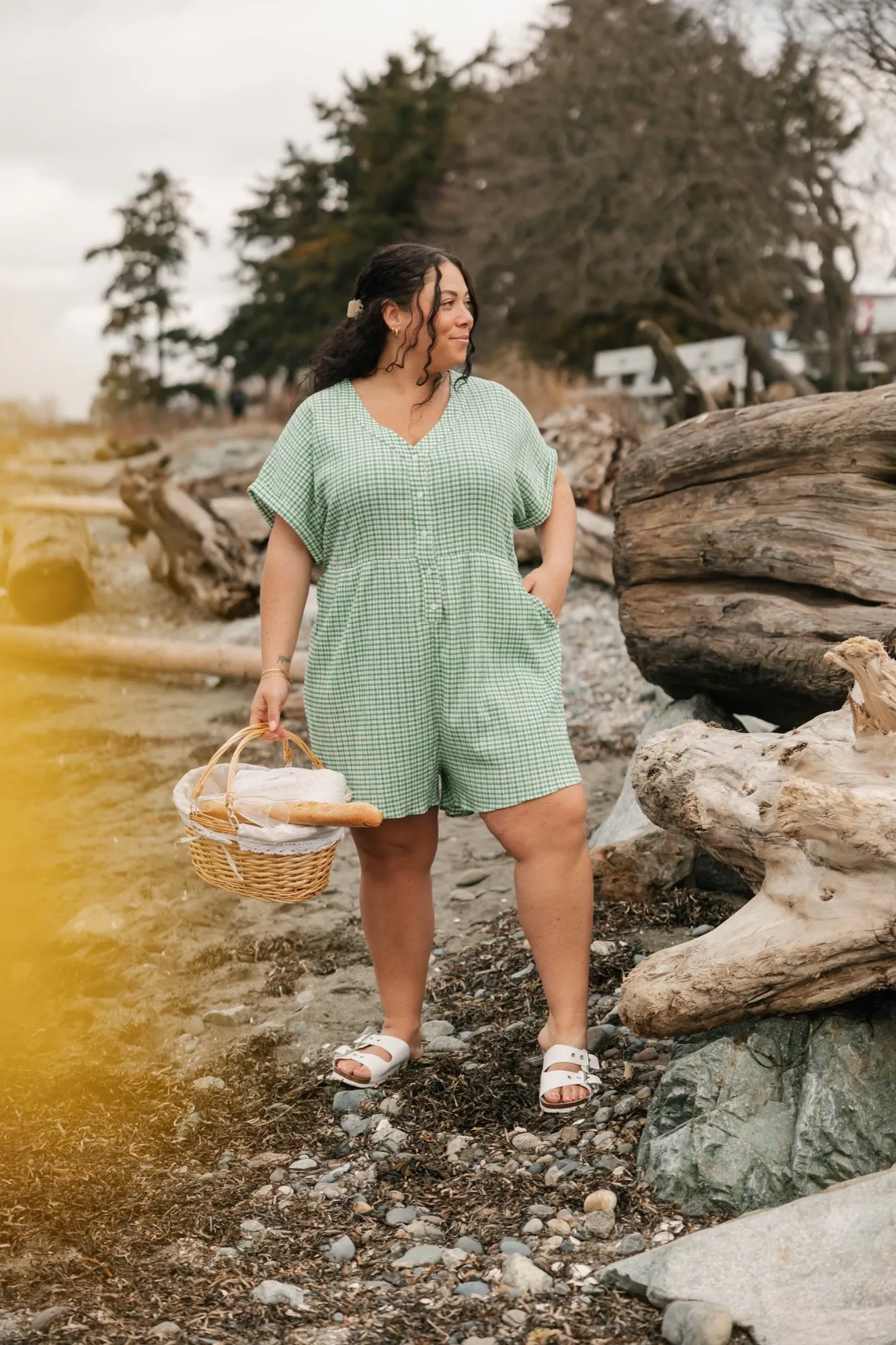Valentina Shorty Romper in Green/White Gingham