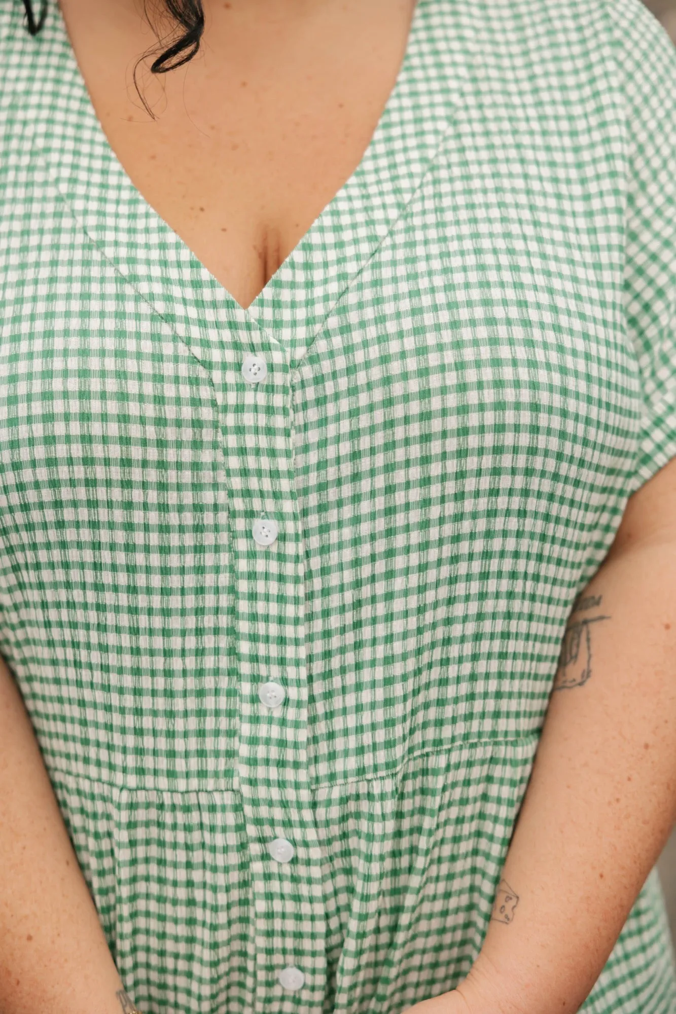 Valentina Shorty Romper in Green/White Gingham