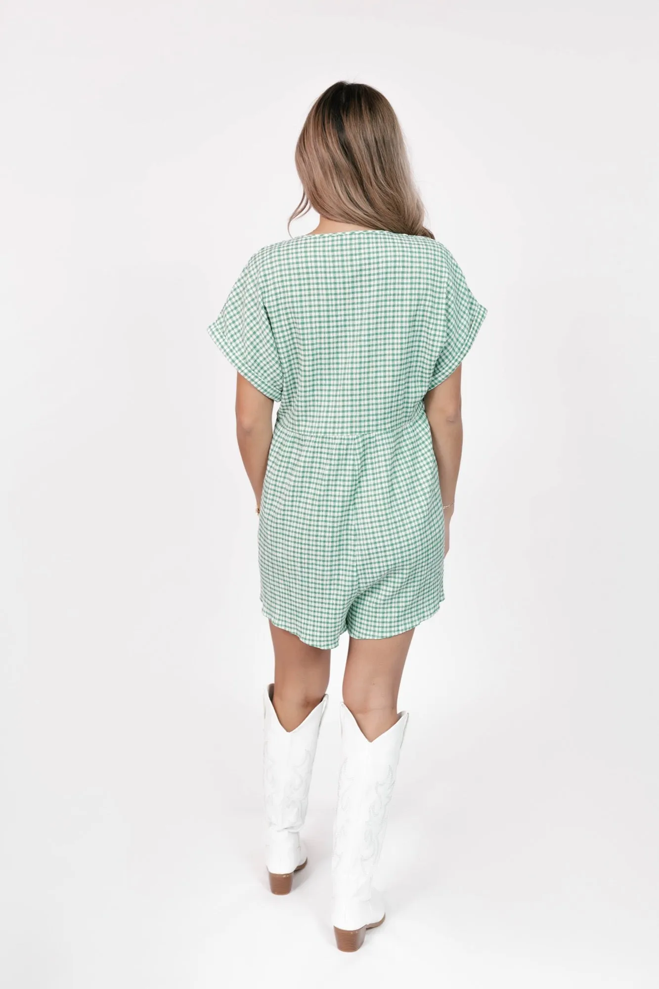 Valentina Shorty Romper in Green/White Gingham