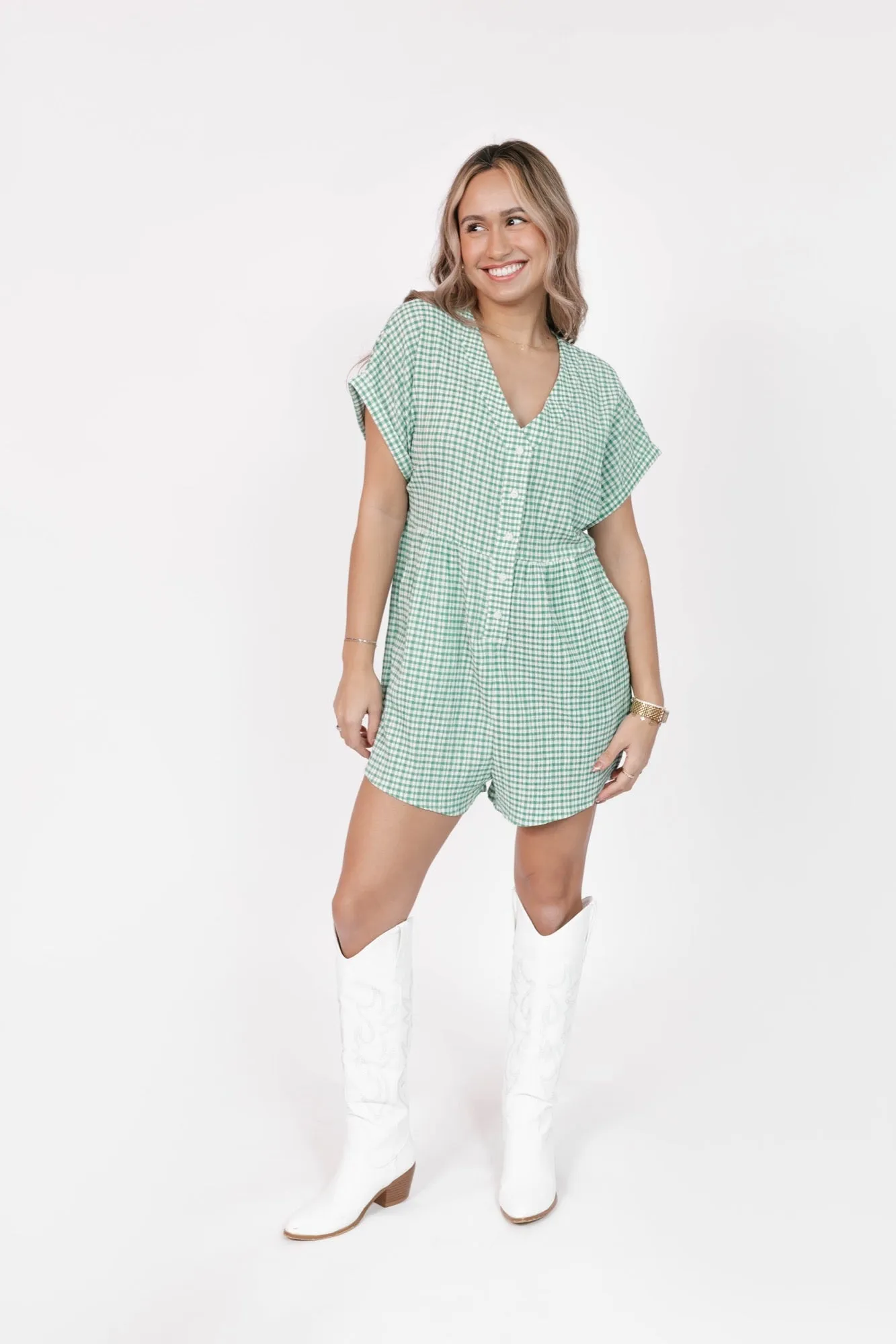 Valentina Shorty Romper in Green/White Gingham