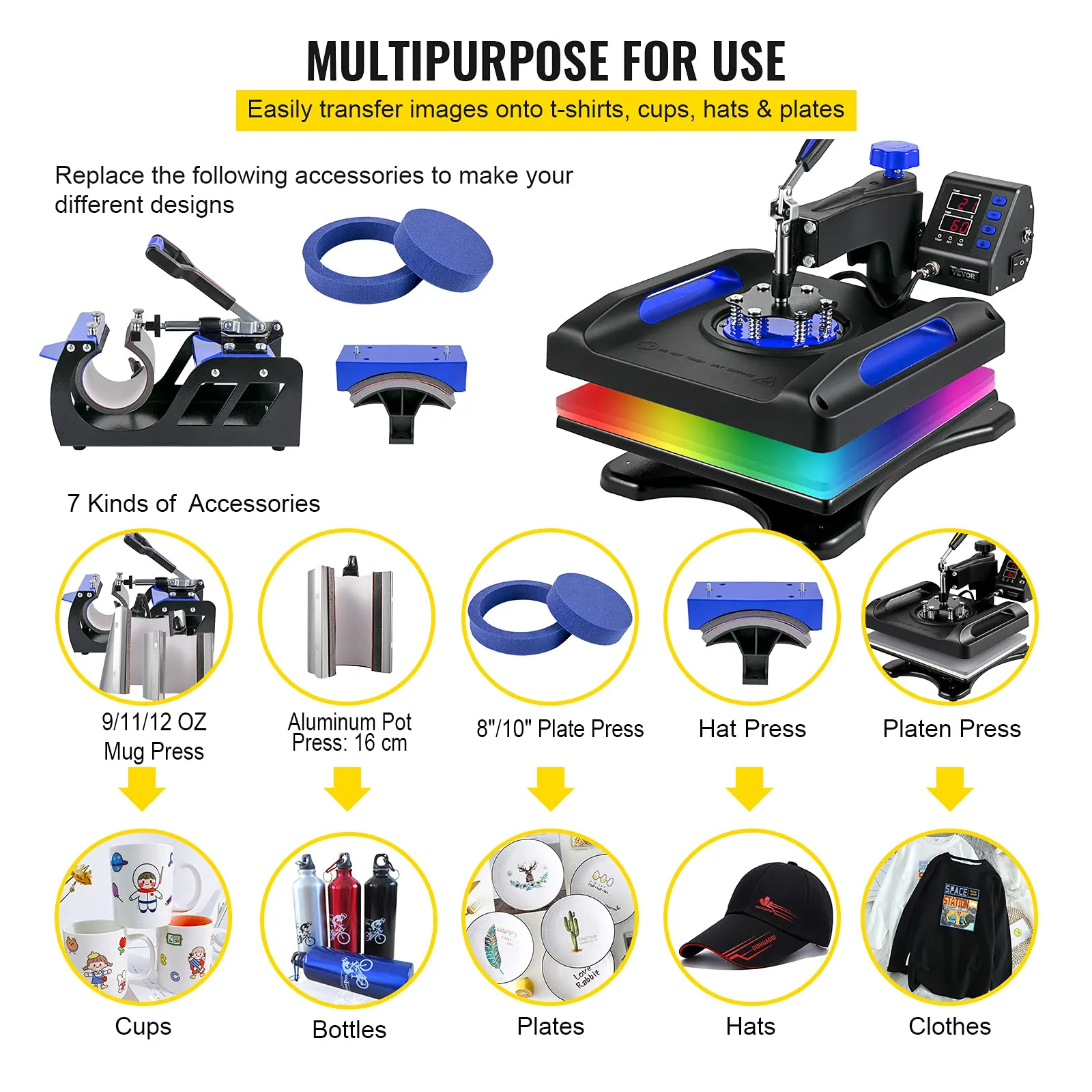 VEVOR 8 in 1 Heat Press Machine 15x15 Inch, 360° Swing Away Shirt Press Machine - Digital Professional Heat Transfer Tshirt Press Machine, Sublimation Heat Press for T Shirts Hat Cap Mug Plate Blue