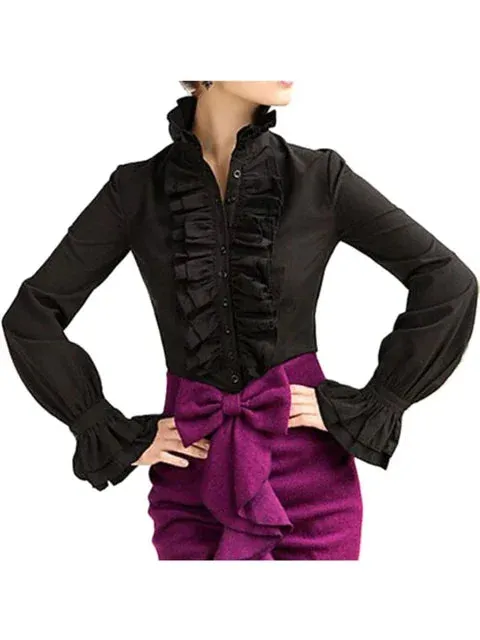 Victorian High Neck Flounce Blouse with Frilly Ruffle Cuffs - Elegant Gothic Design
