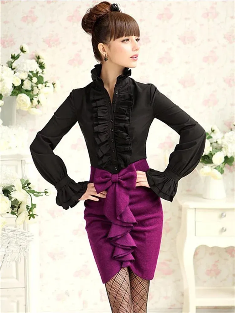 Victorian High Neck Flounce Blouse with Frilly Ruffle Cuffs - Elegant Gothic Design