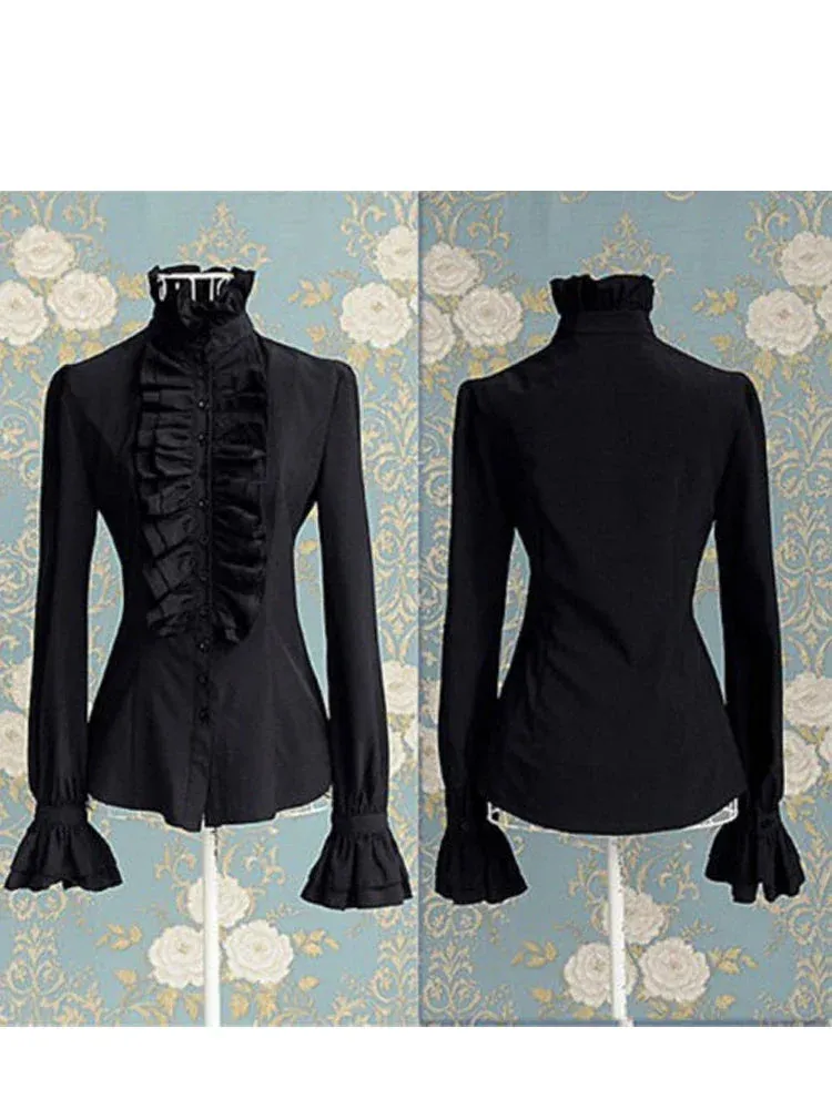 Victorian High Neck Flounce Blouse with Frilly Ruffle Cuffs - Elegant Gothic Design