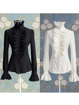Victorian High Neck Flounce Blouse with Frilly Ruffle Cuffs - Elegant Gothic Design