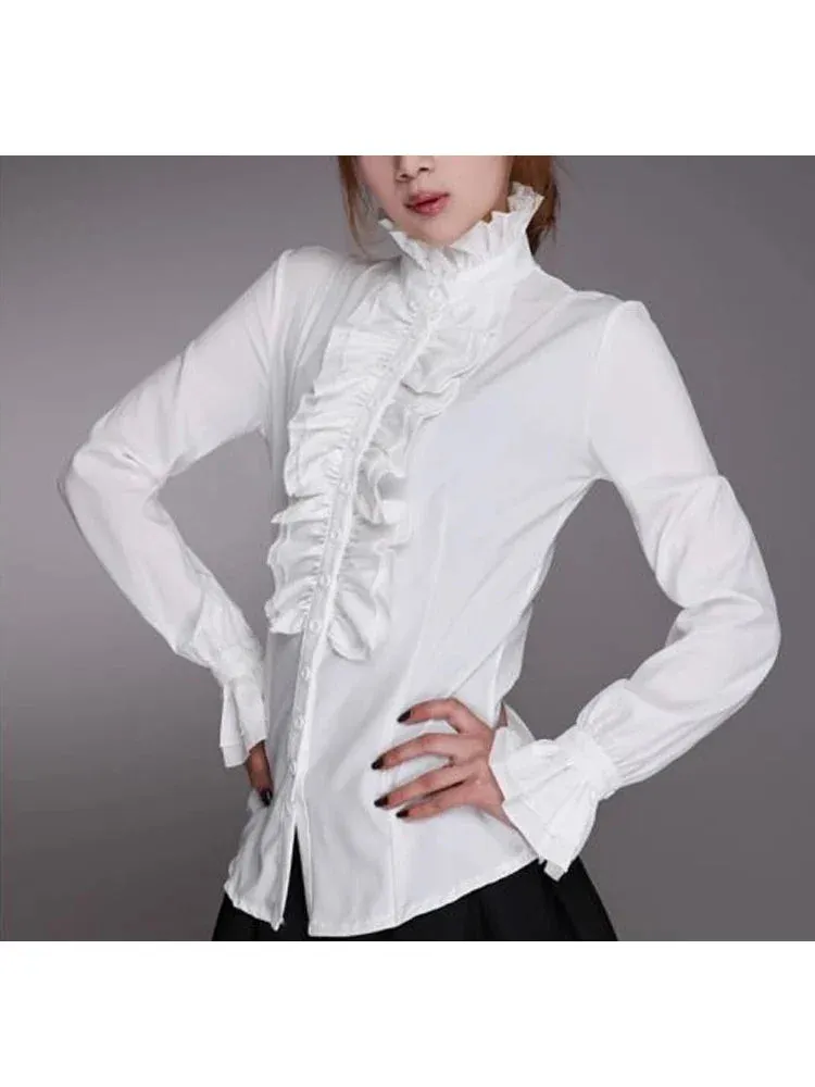 Victorian High Neck Flounce Blouse with Frilly Ruffle Cuffs - Elegant Gothic Design