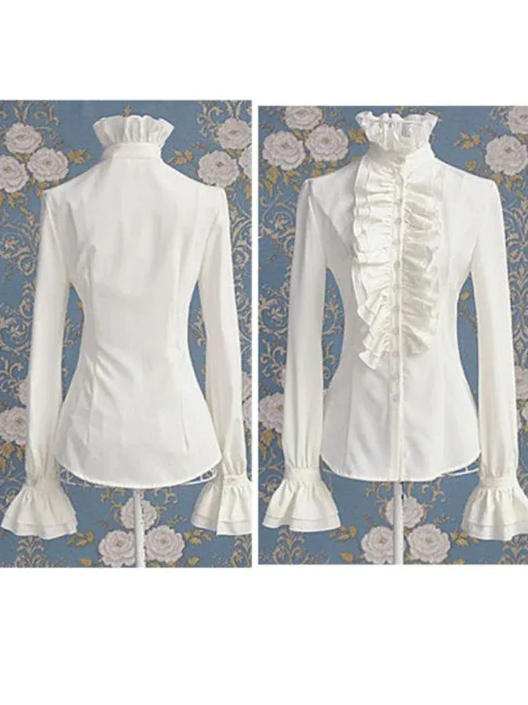 Victorian High Neck Flounce Blouse with Frilly Ruffle Cuffs - Elegant Gothic Design