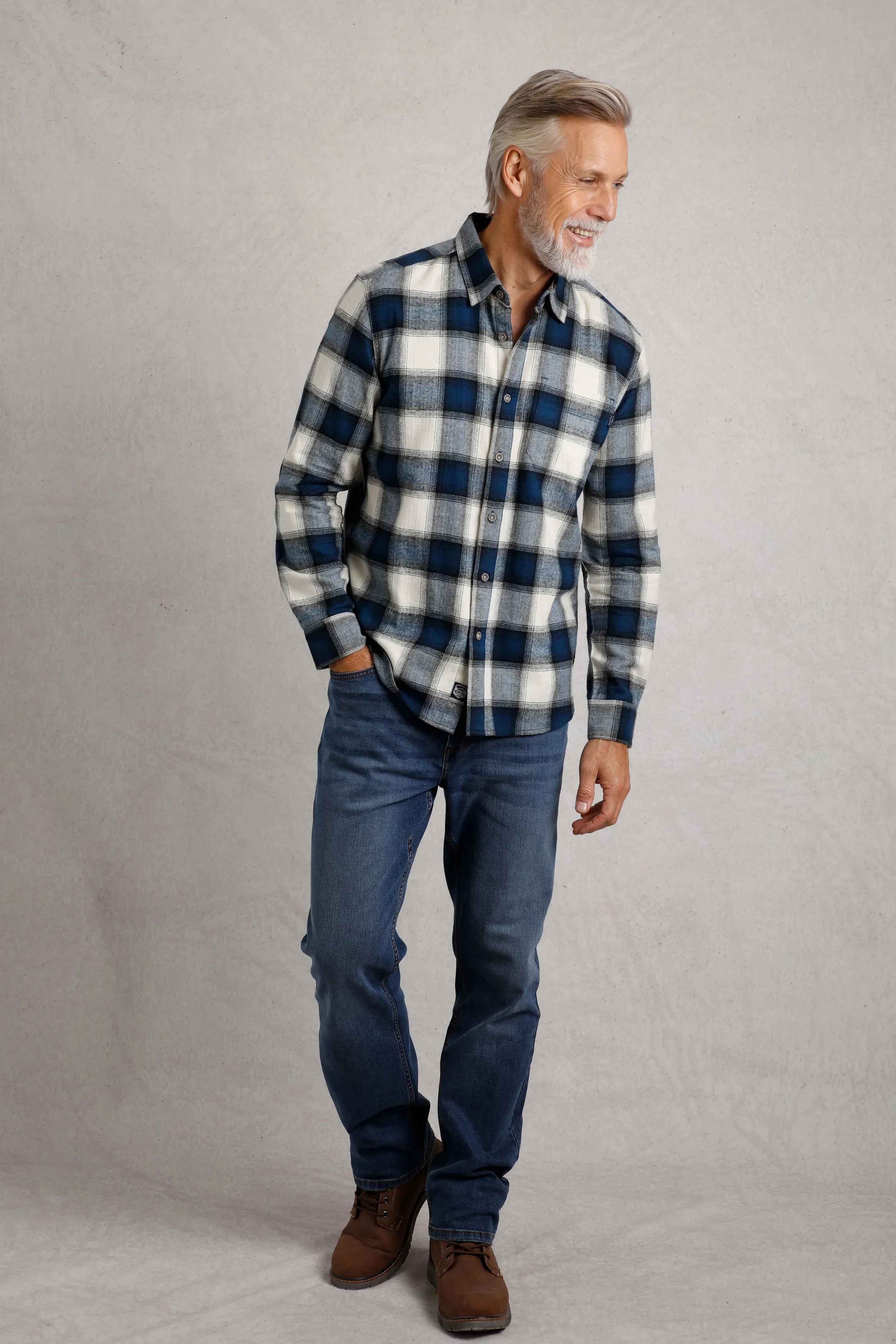 Weird Fish Broxton Organic Cotton Herringbone Check Shirt - Navy