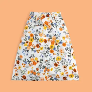 White Twill Floral Printed Skirt