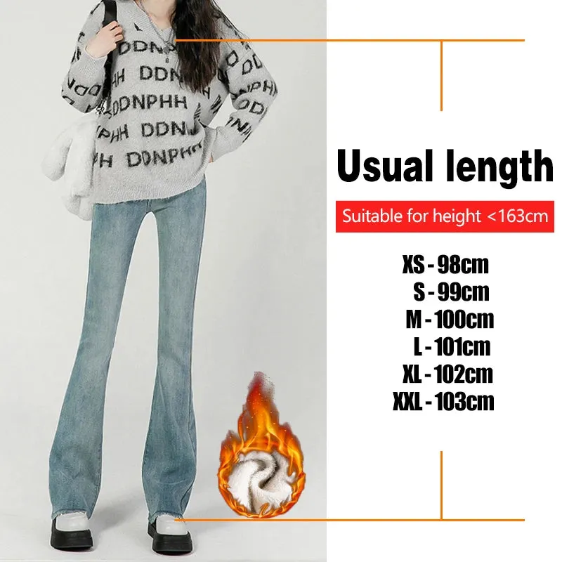 Winter New Fashion Women's Stretch Fleece Thermal Jeans Thick Elongated Slim Plush Warm Retro Female Denim Trousers