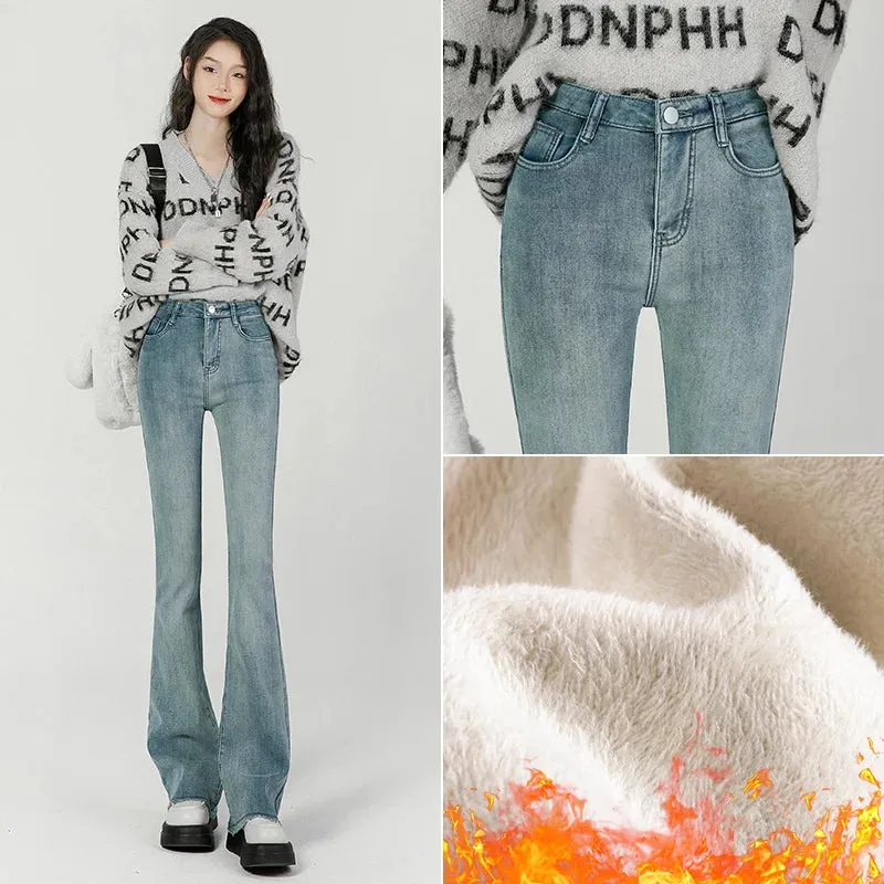 Winter New Fashion Women's Stretch Fleece Thermal Jeans Thick Elongated Slim Plush Warm Retro Female Denim Trousers
