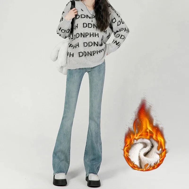 Winter New Fashion Women's Stretch Fleece Thermal Jeans Thick Elongated Slim Plush Warm Retro Female Denim Trousers