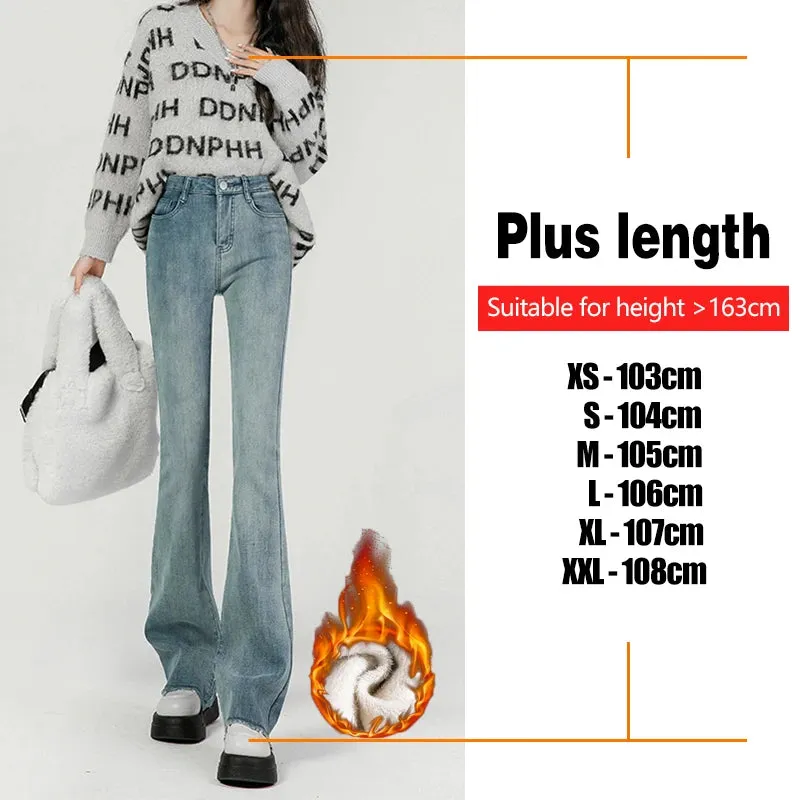 Winter New Fashion Women's Stretch Fleece Thermal Jeans Thick Elongated Slim Plush Warm Retro Female Denim Trousers