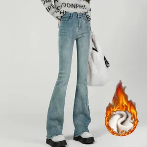 Winter New Fashion Women's Stretch Fleece Thermal Jeans Thick Elongated Slim Plush Warm Retro Female Denim Trousers