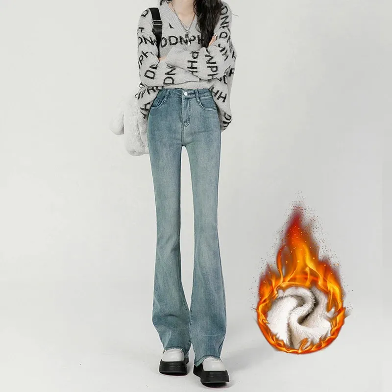 Winter New Fashion Women's Stretch Fleece Thermal Jeans Thick Elongated Slim Plush Warm Retro Female Denim Trousers