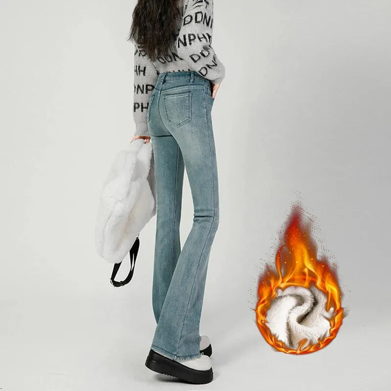 Winter New Fashion Women's Stretch Fleece Thermal Jeans Thick Elongated Slim Plush Warm Retro Female Denim Trousers