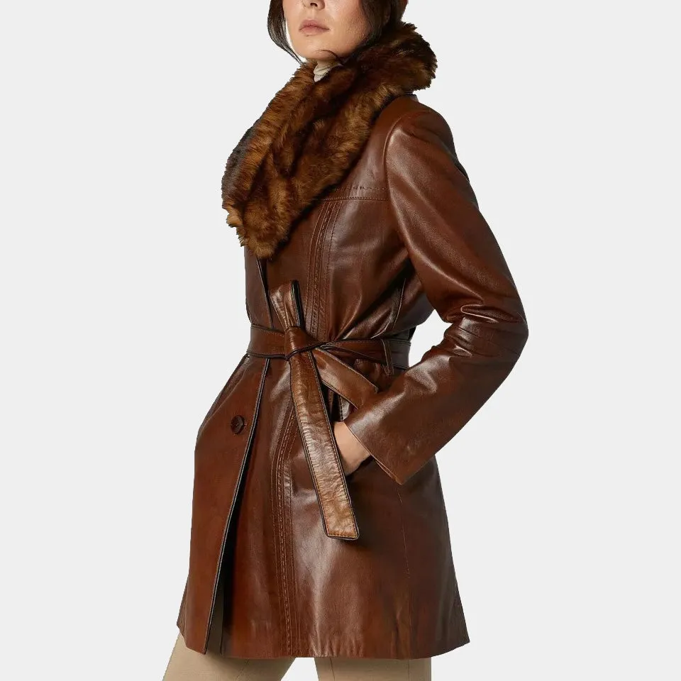 Women's Brown Leather Fur Collar Belted Long Trench Coat
