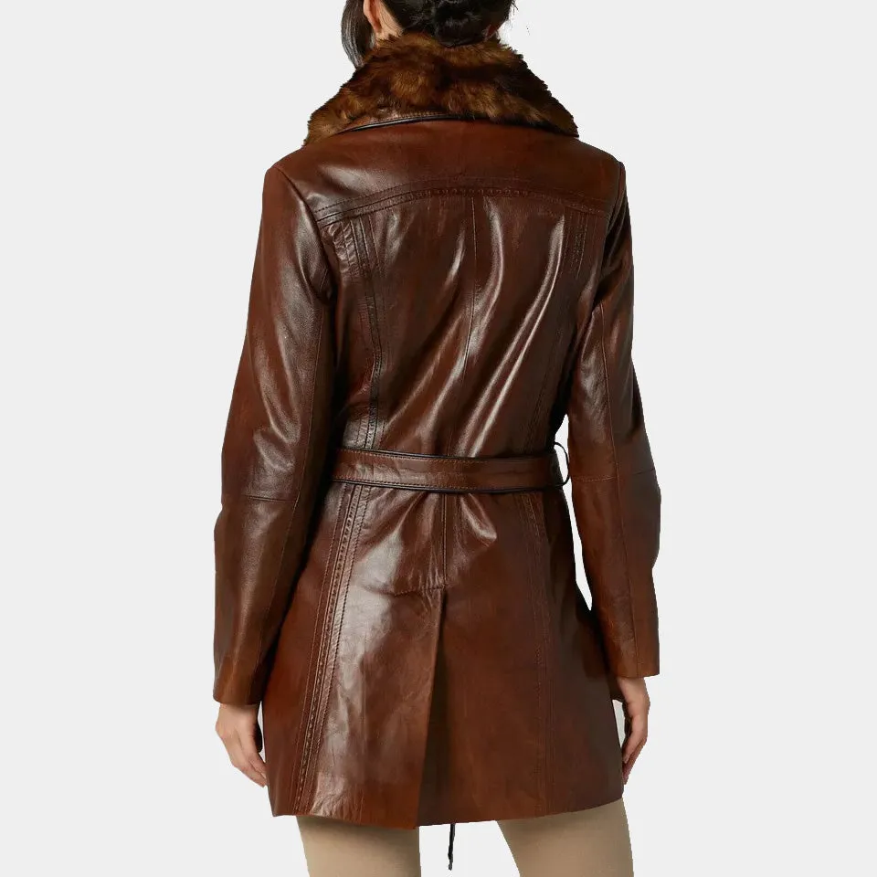 Women's Brown Leather Fur Collar Belted Long Trench Coat