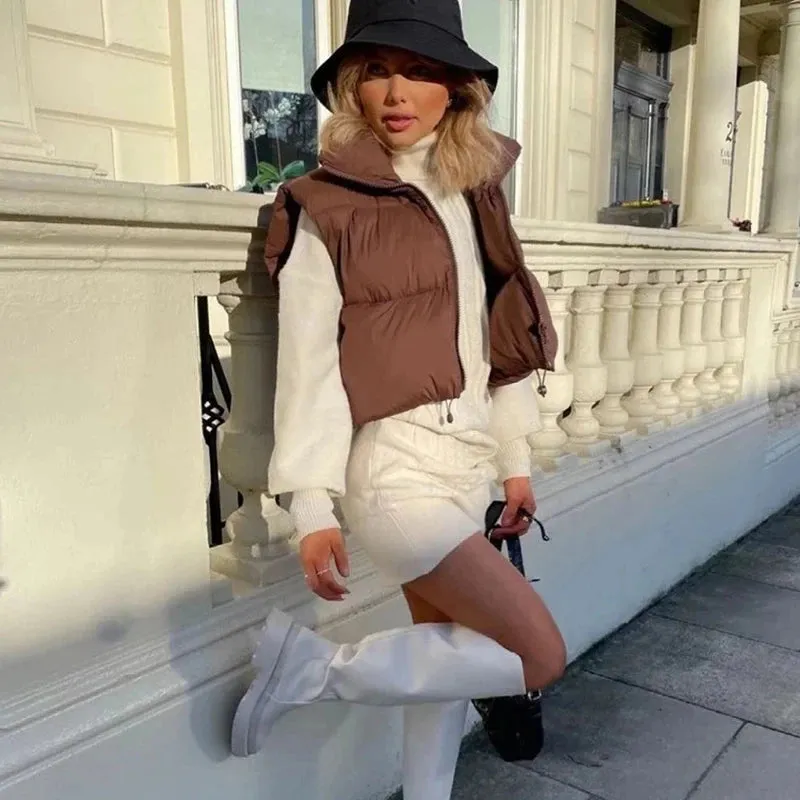 Women's Short Stand-up Collar Warm Sleeveless Down Vest Quilted Jacket